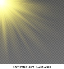 Glow light effect, Bright sun. Vector transparent sunlight, special flash light effect. Sun or spotlight beams. Bright flash. Light PNG. Decor element isolated on transparent background.