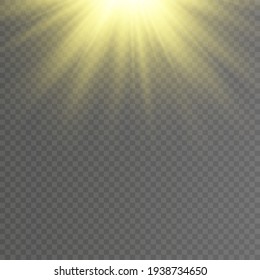 Glow light effect, Bright sun. Vector transparent sunlight, special flash light effect. Sun or spotlight beams. Bright flash. Light PNG. Decor element isolated on transparent background.