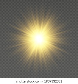 Glow light effect, Bright sun. Vector transparent sunlight, special flash light effect. Sun or spotlight beams. Bright flash. Light PNG. Decor element isolated on transparent background.