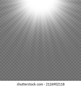 Glow light effect, Bright sun. Vector transparent sunlight, special flash light effect. Sun or spotlight beams. Bright flash. Light PNG. Decor element isolated on transparent background.