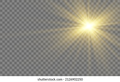 Glow light effect, Bright sun. Vector transparent sunlight, special flash light effect. Sun or spotlight beams. Bright flash. Light PNG. Decor element isolated on transparent background.