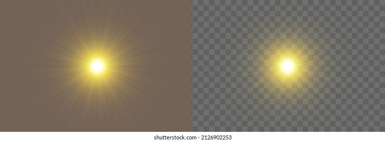 Glow light effect, Bright sun. Vector transparent sunlight, special flash light effect. Sun or spotlight beams. Bright flash. Light PNG. Decor element isolated on transparent background.