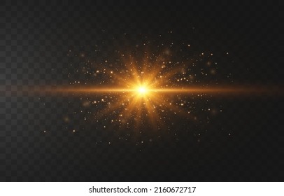 La luz relámpago con chispas de polvo de hadas y estrellas doradas brillan. El polvo brilla la luz. La luz dorada resplandece en el fondo de la png. Sol brillante transparente, brillante. Luz vectorial en png.