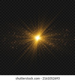 Blitzes Licht mit Märchenstaubfinstern und goldenen Sternen leuchten. Dusty glänzendes Licht. Das goldene Licht explodiert auf png Hintergrund. Transparente strahlende Sonne, heller Blitz. Vektorleuchte auf PNG.