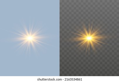 Glow light effect, Bright sun. Vector transparent sunlight, special flash light effect. Sun or spotlight beams. Bright flash. Light PNG. Decor element isolated on transparent background.