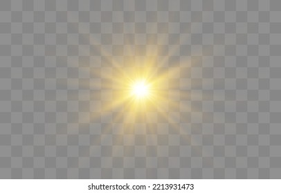 Glow light effect, Bright sun. Vector transparent sunlight, special  flash light effect. Sun or spotlight beams. Bright flash. Light PNG. Decor element isolated on transparent background.