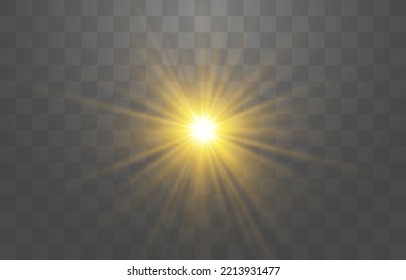 Lichteffekt, helle Sonne. Vektortransparentes Sonnenlicht, spezieller Blitzlichteffekt. Sonnen- oder Lichtstrahlen. Heller Blitz. Leichter PNG. Dekorelement einzeln auf transparentem Hintergrund.
