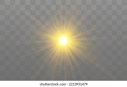 Glow light effect, Bright sun. Vector transparent sunlight, special  flash light effect. Sun or spotlight beams. Bright flash. Light PNG. Decor element isolated on transparent background.