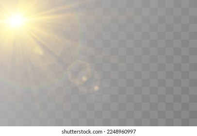 Glow light effect, bright sun. Vector transparent sunlight, special flash light effect. Sun or spotlight beams. Bright flash. Light PNG. Decor element isolated on transparent background.