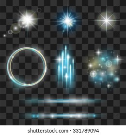 Glow light effect collection. Lens flares beams, flashes, starbursts, sparkles on transparent background. Vector eps10 illustration.