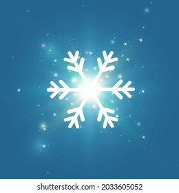 Glow light effect colorful vivid. White snowflakes with stars sparkle shine isolated on blue background. Flare explosion. Magic fantasy particle. Symbol of winter, temperature. Vector illustration.