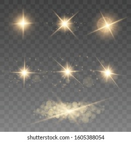 Glow light effect, explosion, glitter, spark, sun flash. Vector illustration.
