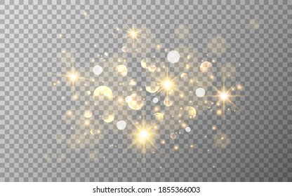 Lichteffekt. Gold glitter und Bokeh auf transparentem Hintergrund. Luxuspartikel mit Sternenstaub. Magische Weihnachtskomposition. Spezieller Schimmer für Poster oder Werbung. Vektorgrafik.