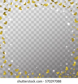 Glow light effect and golden foil hearts isolated on the transparent background for Valentines day photo overlays and decoration