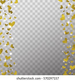 Glow light effect and golden foil hearts isolated on the transparent background for Valentines day photo overlays and decoration