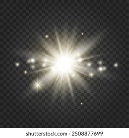 glow light effect. luminous element. a large star with a glow effect, iridescent sparks highlighted on a black background. vector transparent sunlight, lens flash effect or sun rays or spotlight flash