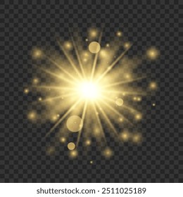 glow light effect. luminous element. a large star with a glow effect, iridescent sparks highlighted on a black background. vector transparent sunlight, lens flash effect or sun rays or spotlight flash