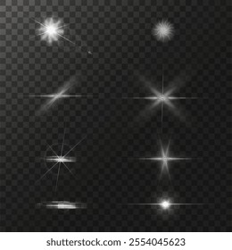 glow light effect. luminous element. a large star with a glow effect, iridescent sparks highlighted on a black background. vector transparent sunlight, lens flash effect or sun rays or spotlight flash