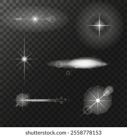 glow light effect. luminous element. a large star with a glow effect, iridescent sparks highlighted on a black background. vector transparent sunlight, lens flash effect or sun rays or spotlight flash