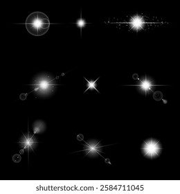 glow light effect. luminous element. a large star with a glow effect, iridescent sparks highlighted on a black background. vector transparent sunlight, lens flash effect or sun rays or spotlight flash