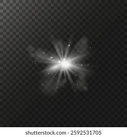 glow light effect. luminous element. a large star with a glow effect, iridescent sparks highlighted on a black background. vector transparent sunlight, lens flash effect or sun rays or spotlight flash