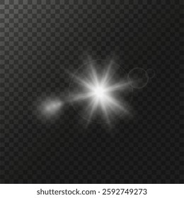 glow light effect. luminous element. a large star with a glow effect, iridescent sparks highlighted on a black background. vector transparent sunlight, lens flash effect or sun rays or spotlight flash