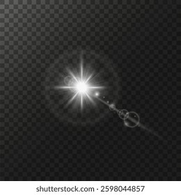 glow light effect. luminous element. a large star with a glow effect, iridescent sparks highlighted on a black background. vector transparent sunlight, lens flash effect or sun rays or spotlight flash