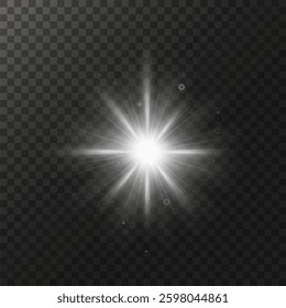 glow light effect. luminous element. a large star with a glow effect, iridescent sparks highlighted on a black background. vector transparent sunlight, lens flash effect or sun rays or spotlight flash