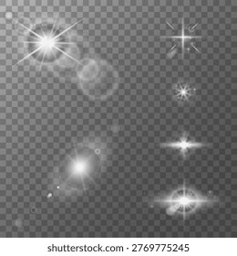 glow light effect. luminous element. a large star with a glow effect, iridescent sparks highlighted on a black background. vector transparent sunlight, lens flash effect or sun rays or spotlight flash