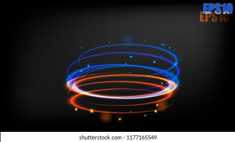 Glow light effect. Magi gold round frame. Swirl trail effect on black background. Vector illustration.