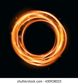 Glow light effect. Magi gold round frame. Swirl trail effect on black background. Vector illustration.