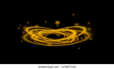 Glow light effect. Magic gold circle. Gold round frame. Swirl trail effect on transparent background. Vector illustration