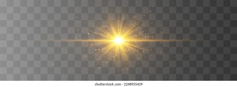 Glow light effect with magical light dust. Bright sun with dusty shine. Vector transparent sunlight with flying particles of light. Light PNG. Christmas vector illustration isolated on png.