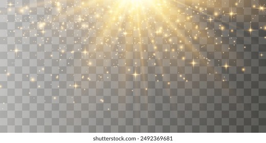 Efecto de luz brillante con polvo de luz mágica. Sol brillante con brillo polvoriento. Vector de luz solar transparente con partículas voladoras de luz. Luz PNG. Ilustración vectorial de Navidades aisladas en png.