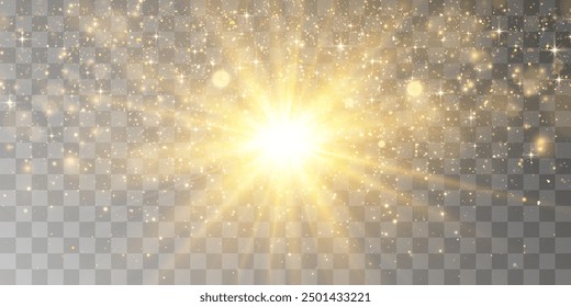 Glow light effect with magical light dust. Bright sun with dusty shine. Vector transparent sunlight with flying particles of light. Light PNG. Christmas vector illustration isolated on png