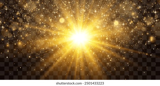 Glow light effect with magical light dust. Bright sun with dusty shine. Vector transparent sunlight with flying particles of light. Light PNG. Christmas vector illustration isolated on png