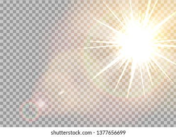 Glow light effect on transparent background. Flash light effect. Realistic sunlight vector illustration. Light blur effect.