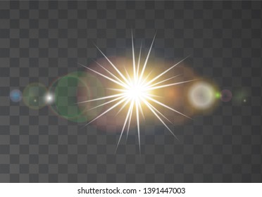 Glow light effect on transparent background. Flash light effect. Realistic sunlight vector illustraton. Light blur effect. 