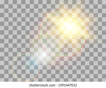 Glow light effect on transparent background. Flash light effect. Realistic sunlight vector illustraton. Light blur effect. 