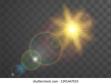 Glow light effect on transparent background. Flash light effect. Realistic sunlight vector illustraton. Light blur effect. 