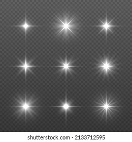 Lichteffekt-Set, Objektivfackel, Explosion, Glitter, Linie, Sonnenblitz, Funken und Stern. Glühendes Licht platzt mit Funkeln. Abstraktes Bild von Lichtflora und weißen Sternen. Vektorgrafik.