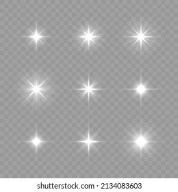 Glow light effect set, lens flare, explosion, glitter, line, sun flash, spark and star. Abstract image of lighting flare and white stars. Glowing light bursts with sparkles. Vector illustration.