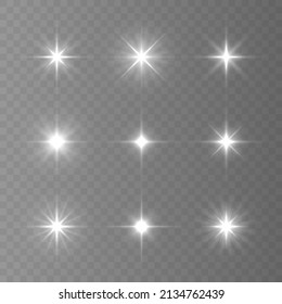 Glow light effect set, lens flare, explosion, glitter, line, sun flash, spark and star. Glowing light bursts with sparkles. Abstract image of lighting flare and white stars. Vector illustration.