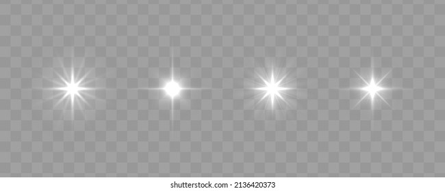 Juego de efectos de luz brillante, lente intermitente, explosión, brillo, línea, flash solar, chispa y estrella. La luz brillante estalla con destellos. Imagen abstracta de la bengala luminosa y de las estrellas blancas. Ilustración vectorial.