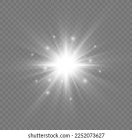 Glow light effect set, lens flare, explosion, glitter, line, sun flash, spark and star. Abstract image of lighting flare and white stars. Glowing light bursts with sparkles. Vector illustration.