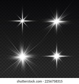 Lichteffekt-Set, Objektivfackel, Explosion, Glitter, Linie, Sonnenblitz, Funken und Stern. Abstraktes Bild von Lichtflora und weißen Sternen. Glühendes Licht platzt mit Funkeln. Vektorgrafik.