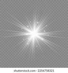 Glow light effect set, lens flare, explosion, glitter, line, sun flash, spark and star. Abstract image of lighting flare and white stars. Glowing light bursts with sparkles. Vector illustration.