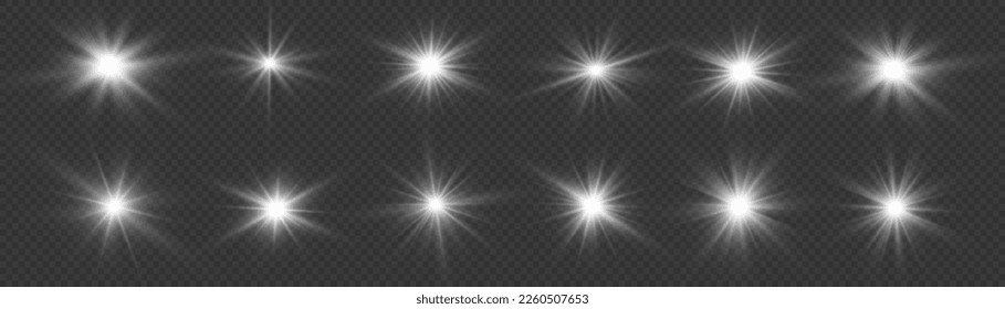 Glow light effect set, lens flare, explosion, glitter, line, sun flash, spark and star. Abstract image of lighting flare and white stars. Glowing light bursts with sparkles. Vector illustration.