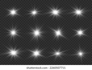 Lichteffekt-Set, Objektivfackel, Explosion, Glitter, Linie, Sonnenblitz, Funken und Stern. Glühendes Licht platzt mit Funkeln. Abstraktes Bild von Lichtflora und weißen Sternen. Vektorgrafik.