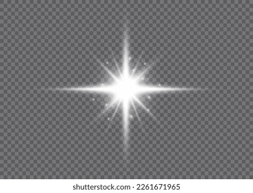 Juego de efectos de luz brillante, lente intermitente, explosión, brillo, línea, flash solar, chispa y estrella. Imagen abstracta de la bengala luminosa y de las estrellas blancas. La luz brillante estalla con destellos. Ilustración vectorial.